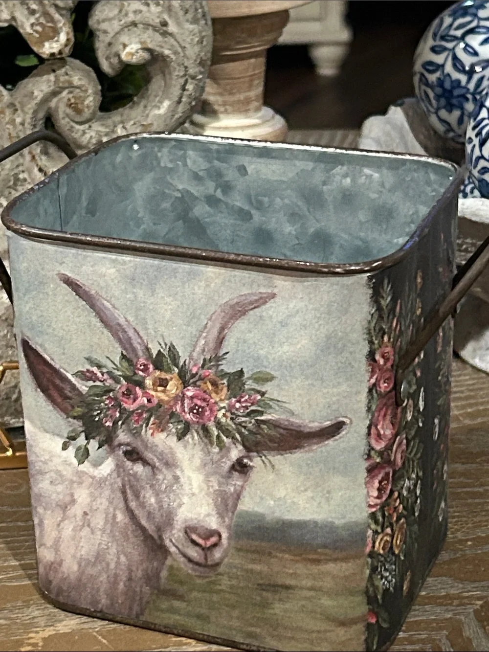 NEW! Vintage Inspired Bohemian Farmhouse Rooster Galvanized Black Metal Bucket